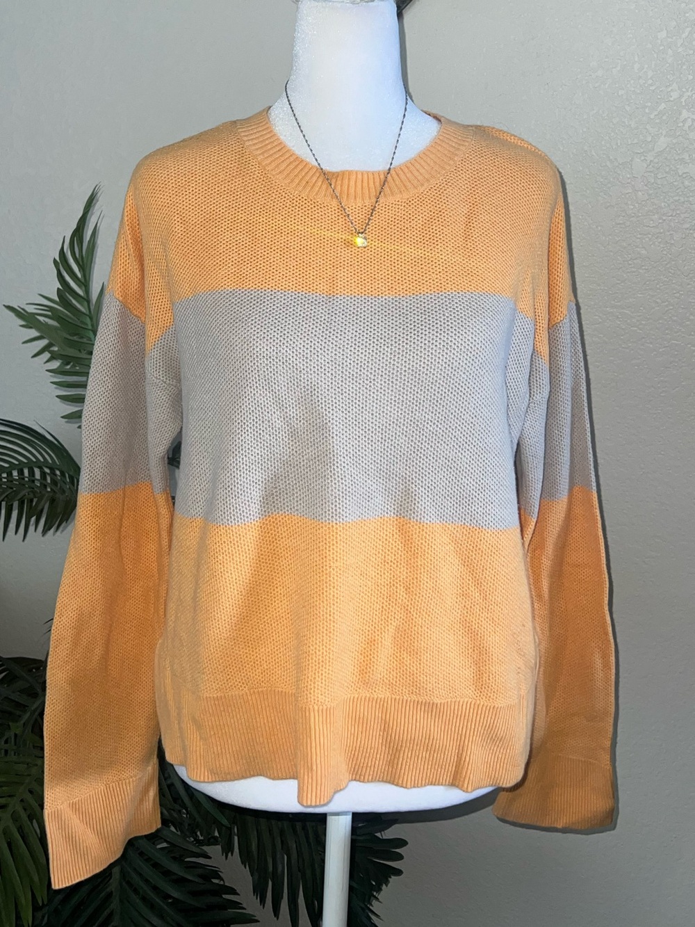 Lisa Todd Peach and Beige Colorblock Crewneck Sweater